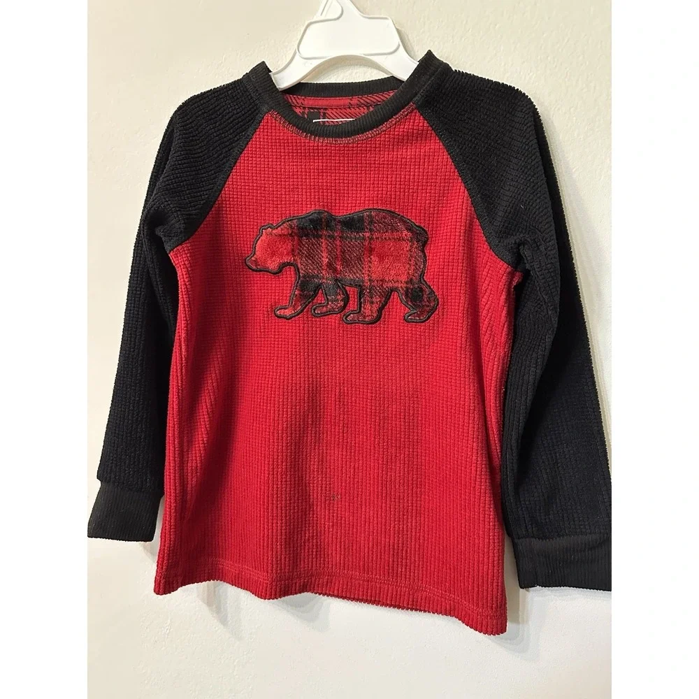 Eddie Bauer Kids Sleep Shirt Sz XXS 3/4 Red Black Thermal Waffle Bear Pajama Top